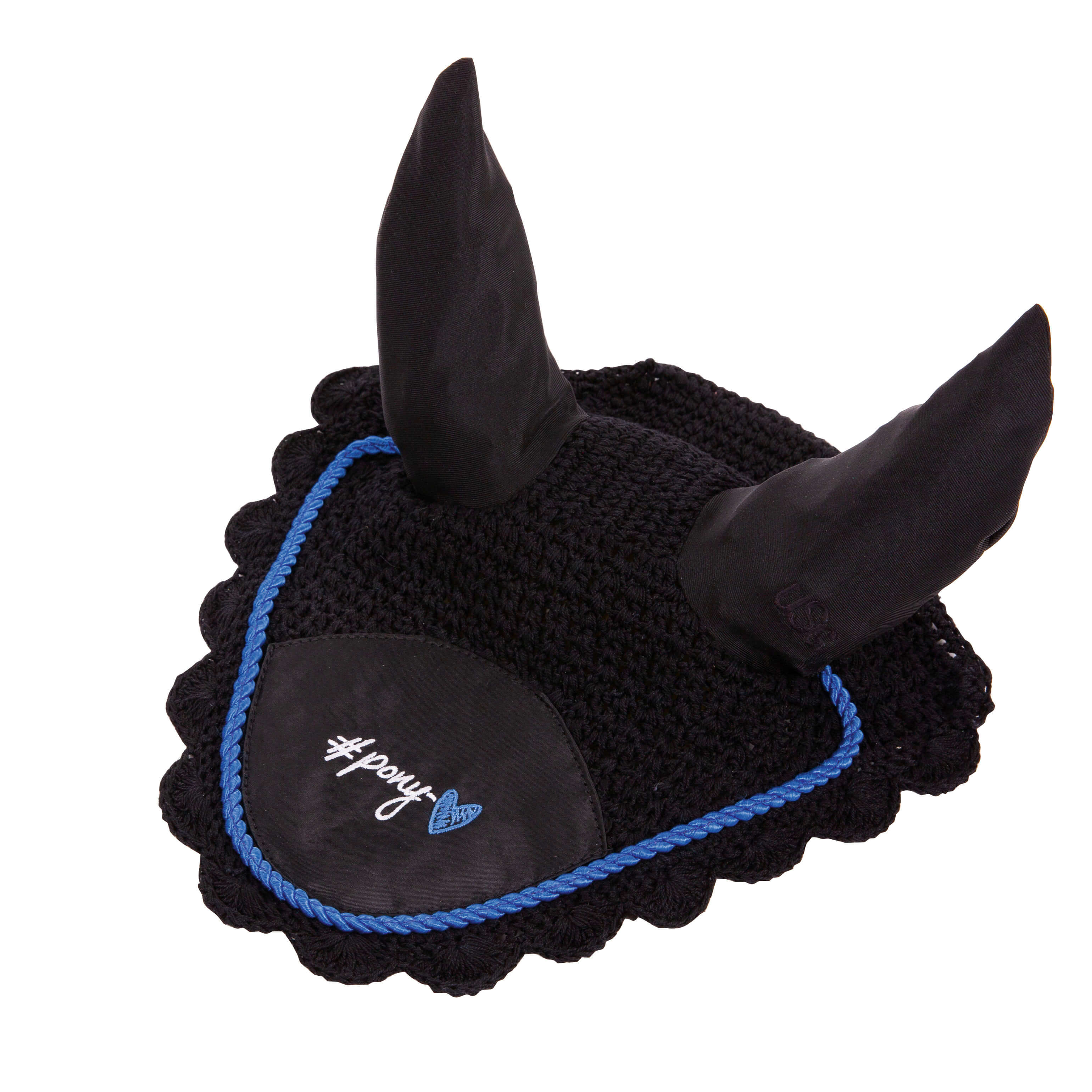 Fliegenhaube Baumwolle mit Stoffeinsatz vorne mittig mit elastischem Ohrenschutz mit einer Kordel und "ponylove" Logo