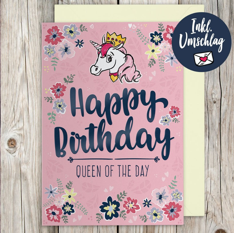 Grußkarte Happy Birthday Queen Comic Style rosa